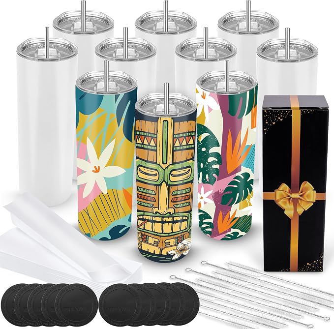 Joyclub Sublimation Tumblers Blanks 20 oz 10 Pack Skinny Straight Tumblers Bulk Stainless Steel Insulated Sublimation Cups with Lid and Straw, Gift Box by Joyclub