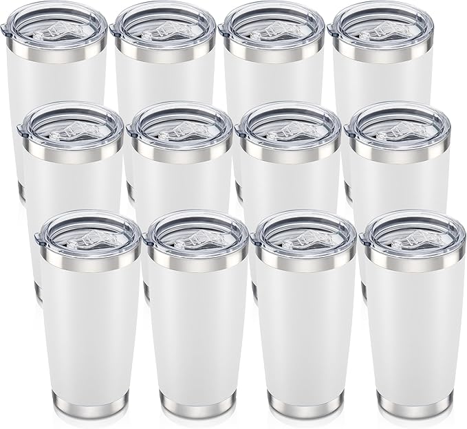 20 oz Tumbler with Lid Stainless Steel Insulated Tumblers Bulk Double Wall Vacuum Cups Powder Coated Travel Mug Keep Drinks Cold and Hot, White, 12 Pack by Orebigo