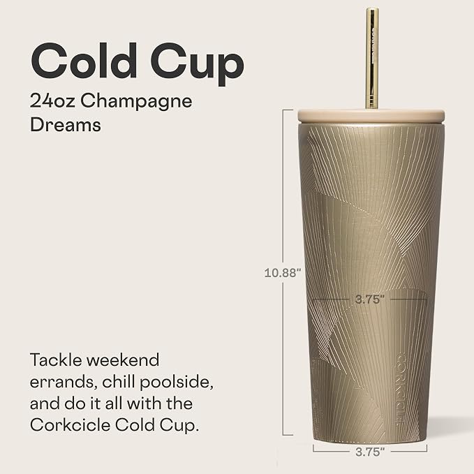 Corkcicle Cold Cup Insulated Tumbler with Straw - Keeps Drinks Cold for 12 Hours - Triple-Insulated Stainless Steel - Leak-Resistant Lid - Summer Drinkware Gift - 24 oz - Champagne Dreams - Image 2