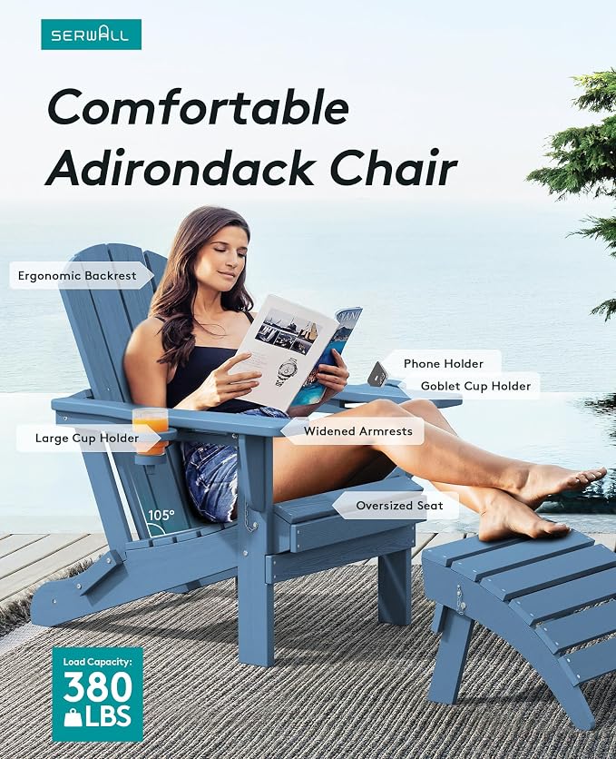 SERWALL Folding Adirondack Chair, HDPE Adirondack Chairs Set of 4, Plastic - Image 3