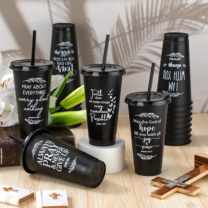 Havawish 24 Mothers Day Christian Tumbler Gift Bulk Religious Inspirational 24 oz Drinking Jesus Cup with Lid Straw Bible Verse Plastic Cup for Church Father Teacher First Communion (Black) - Image 3