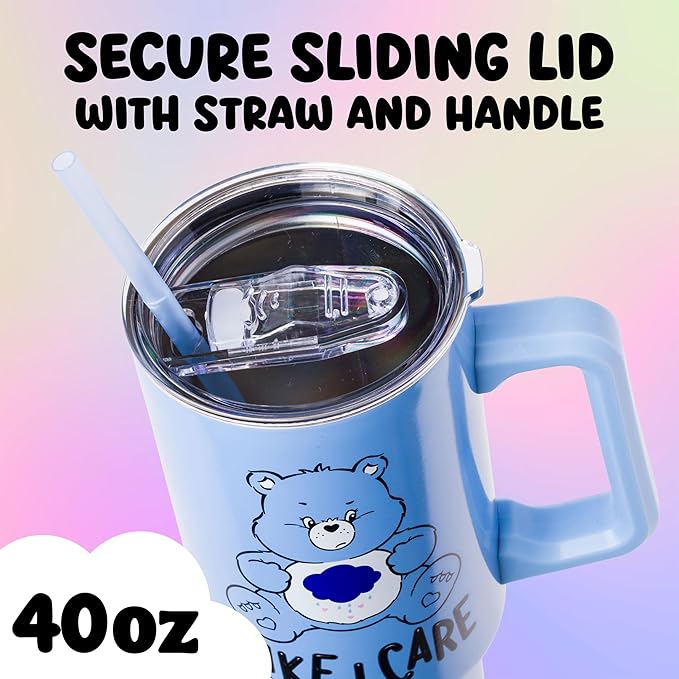 Silver Buffalo Care Bears Grumpy Bear Like I Care Double Walled Stainless Steel Tumbler with Handle and Straw, Fits in Standard Cup Holder, 40 Ounces - Image 3