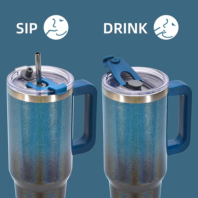 40 oz Shiny Tumbler with Handle and Straw,Stainless Steel Tumbler with Lid and Straw,Insulated Travel Mug(Cold for 34 Hours),Water Bottle for Iced Tea,Coffee (Black Blue) - Image 3