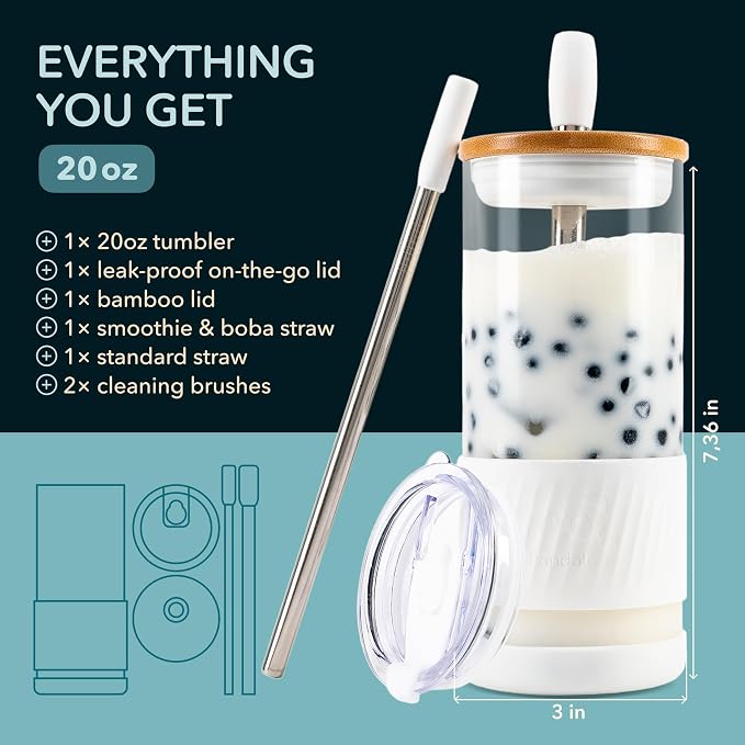 Pandaloo® Glass Cups With Lids and Straws -20 Fl Oz- Perfect Size Iced Coffee Cup - Smoothie Cup With Bamboo Lid and On the go Lid - Glass Tumbler With Straw (1 Count (Pack of 1), Coton White) - Image 2