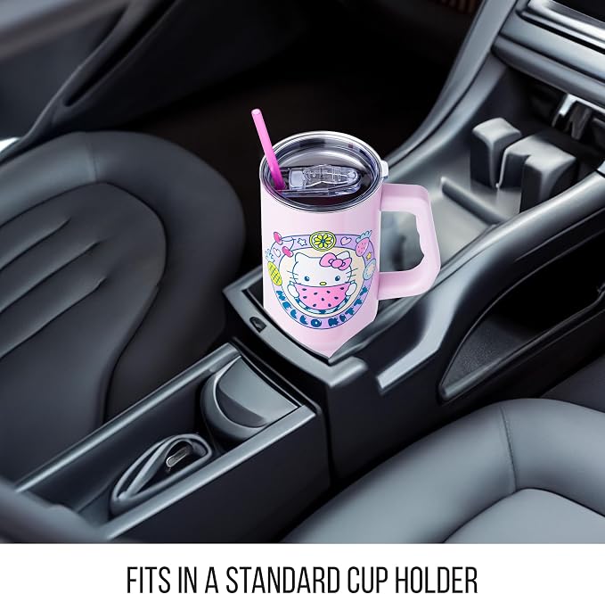 Silver Buffalo Sanrio Hello Kitty Summer Kawaii Fruits Double Walled Stainless Steel Tumbler with Handle, Fits in Standard Cup Holder, 40 Ounces - Image 6