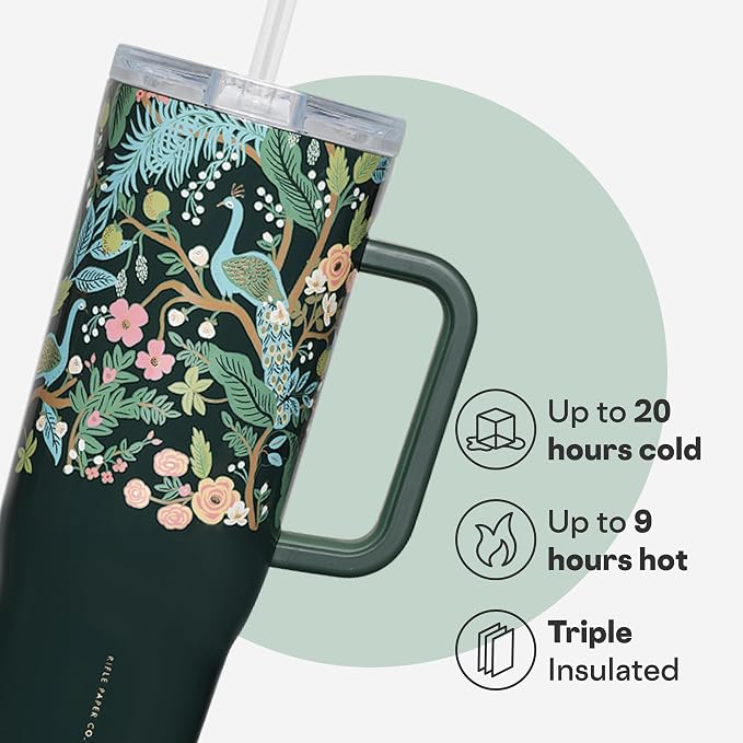 Corkcicle x Rifle Paper Co. Cruiser Insulated Tumbler with Handle & Straw - Keeps Drinks Cold 20 Hours - BPA-Free - Gift for Mom - Great for Mother's Day or Christmas - 40 oz - Peacock Blue - Image 3