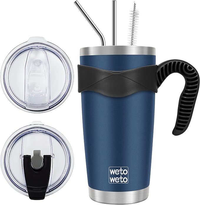 WETOWETO 20oz Tumbler with 2 lids and 2 straws, Stainless Steel Vacuum Insulated Water Coffee Tumbler Cup with Handle, Double Wall Powder Coated Spill-Proof Travel Mug Thermal Cup (Navy Blue, 1 Pack) by Wetoweto