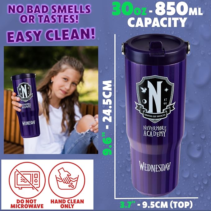 Get Trend Wednesday Tumbler with Straw 30oz Girls Teens Insulated Cup with Lid Handle Travel Mug Cups with Lids for School Sports Gifts for Girls (Purple Wednesday) - Image 6