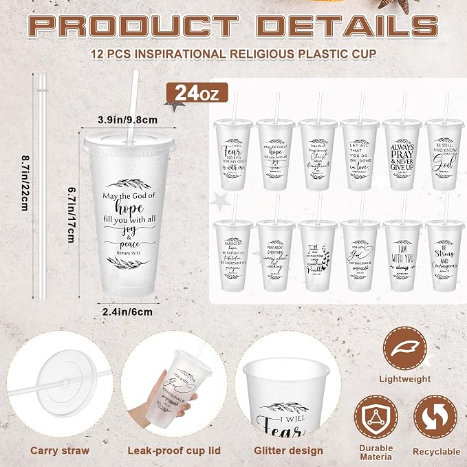 Havawish 12 Pcs Mothers Day Christian Tumbler Gift Bulk Religious Inspirational 24 oz Drinking Jesus Cup with Lid Straw Bible Verse Plastic Cup for Church Father Teacher First Communion (Clear) - Image 2