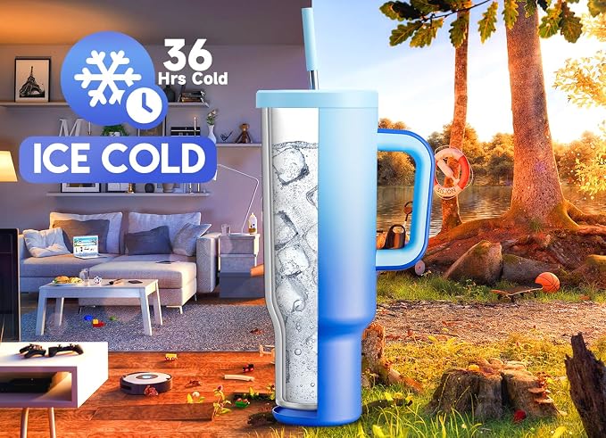 Meoky 50 oz Tumbler with Handle, Tumbler with Lid and Straw, Insulated Stainless Steel Travel Mug, 100% Leak-proof, Keeps Cold for 36 Hours or Hot for 12 Hours (Sky) - Image 2