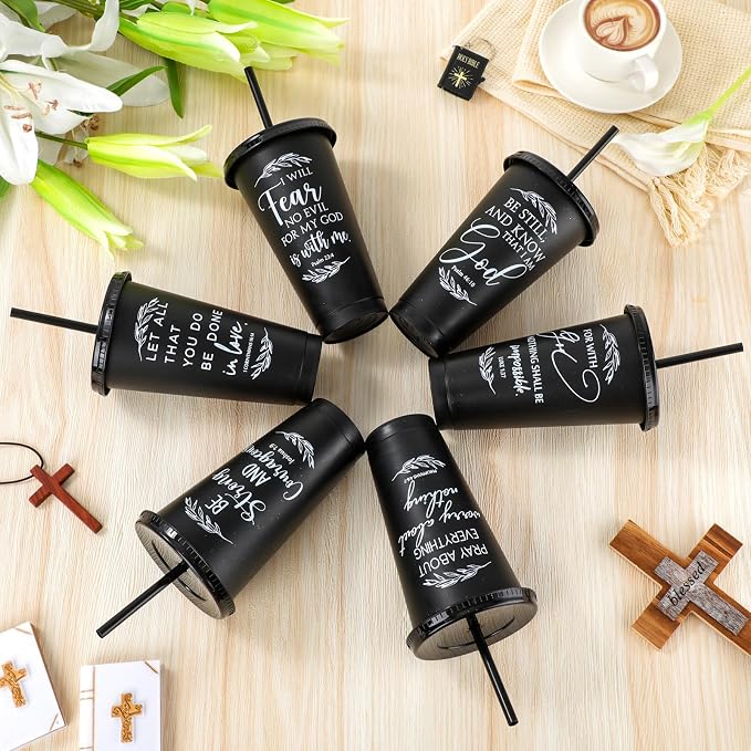 Havawish 48 Pcs Mothers Day Christian Tumbler Gift Bulk Religious Inspirational 24 oz Drinking Jesus Cup with Lid Straw Bible Verse Plastic Cup for Church Father Teacher First Communion (Black) - Image 4