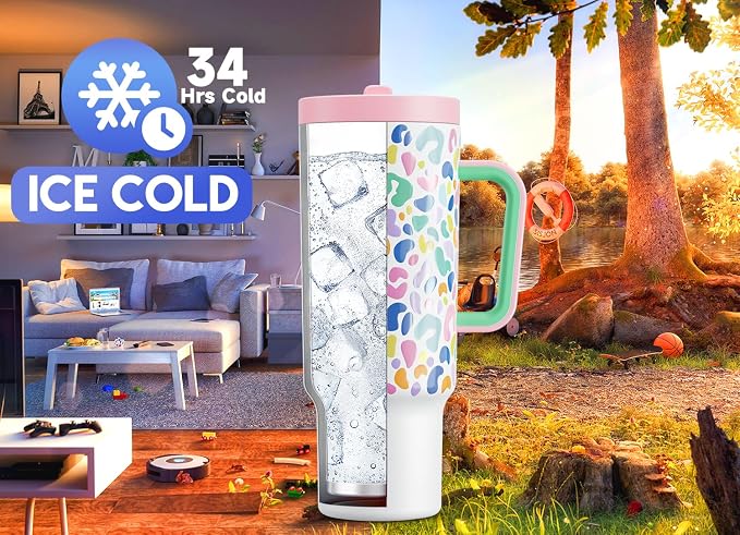 Meoky 40 oz Tumbler with Handle and Flip Straw, 100% Leakproof Tumbler with Lid and Straw, Stainless Steel Insulated Cup, Cupholder Friendly, Keeps Cold for 34 Hours (Leopard) - Image 2