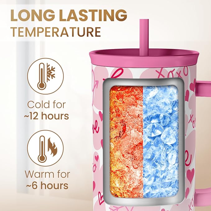 SANDJEST Heart Tumbler with Handle 40oz, Valentines Stainless Steel Insulated Tumblers Coffee Travel Cup with Straw Lid, Gifts for Women Girl - Image 4