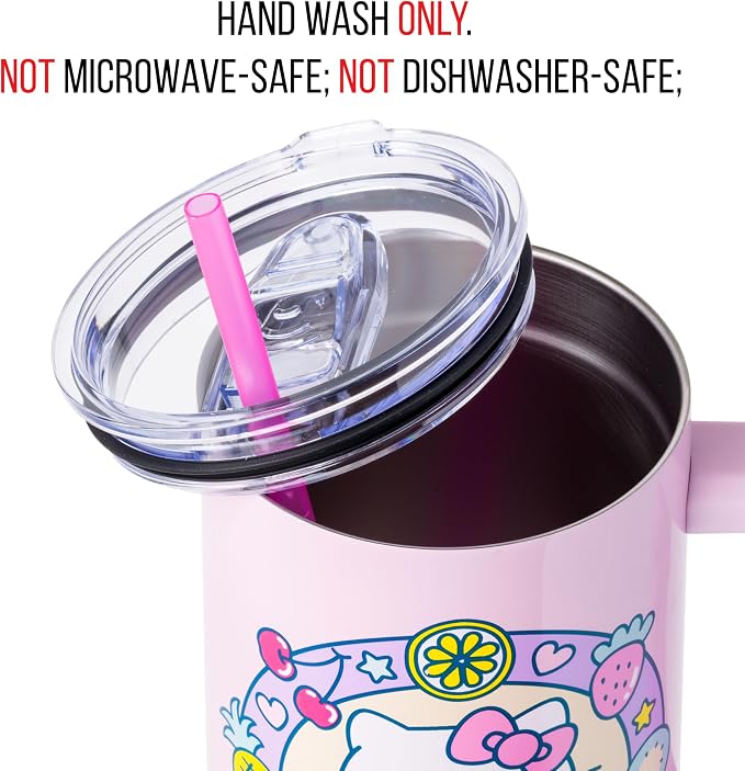 Silver Buffalo Sanrio Hello Kitty Summer Kawaii Fruits Double Walled Stainless Steel Tumbler with Handle, Fits in Standard Cup Holder, 40 Ounces - Image 4