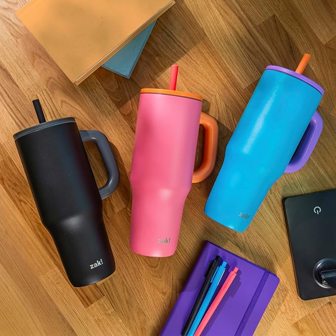 Zak Designs Sutton Travel Tumbler for On the Go, 40oz Stainless Steel with Vacuum Insulation, Silicone Straw, and Carry Handle for Cold Drinks (So Sweet Pink) - Image 11