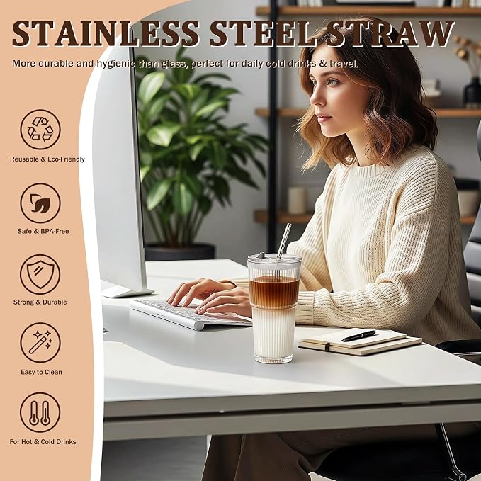 2 Packs Ribbed Glass Tumbler with Lid and Straw 16 oz Cute Ice Coffee Cup Set for Smoothie Juice Matcha Tea Latte Cappuccino Espresso Hot Coffe Water Reusable Clear Travel Mug Aesthetic Drinking Mug - Image 4