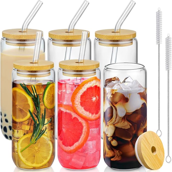 SENTVEND 20 Oz Drinking Glasses with Bamboo Lids and Glass Straw - 6 Pcs Glass Cups Beer Ice Coffee Glasses Cute Aesthetic Cup Great for Coffee Bar Accessories Include 2 Cleaning Brushes by SENTVEND