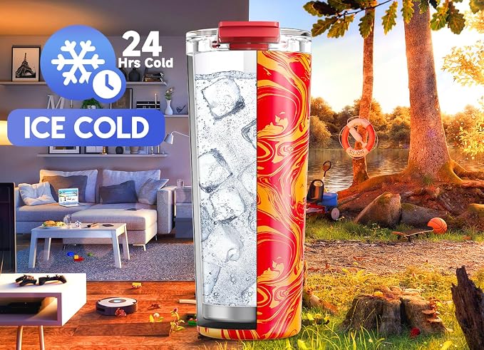 Meoky 24 oz Travel Coffee Mug with Leak-proof Lid, Stainless Steel Insulated Coffee Tumbler, Keeps Hot for 8 Hours or Cold for 24 Hours, Fits in Car Cup Holder (Lava Swirl) - Image 4