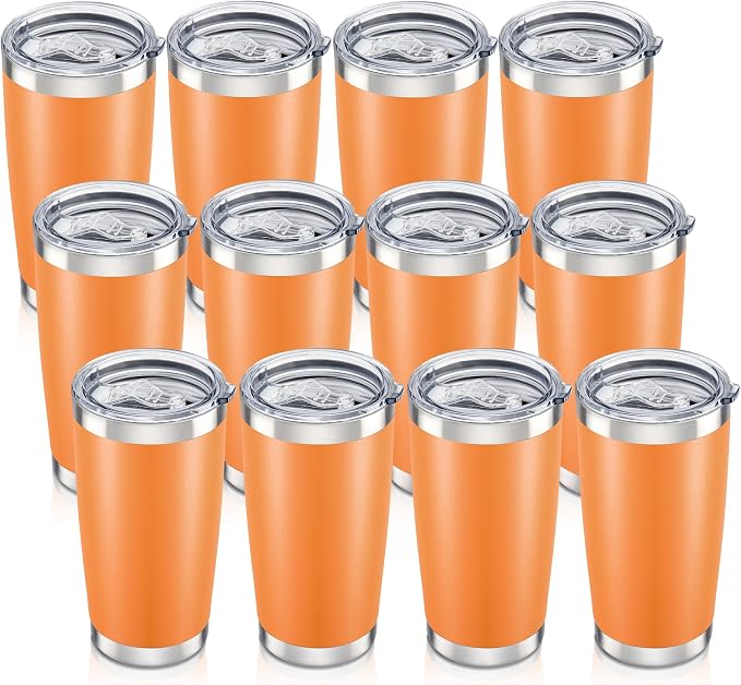 20 oz Tumbler with Lid Stainless Steel Insulated Tumblers Bulk Double Wall Vacuum Cups Powder Coated Travel Mug Keep Drinks Cold and Hot, Orange, 12 Pack by Orebigo