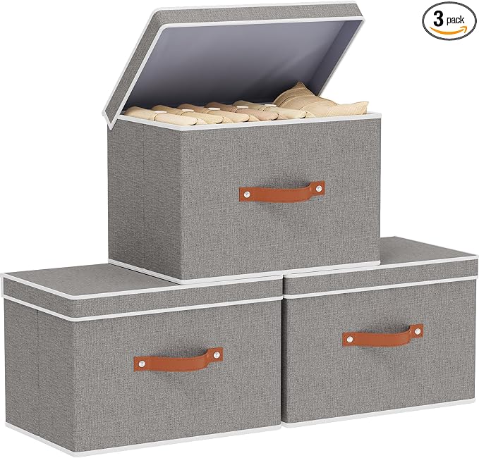 Collapsible Storage Bins with Lids, Linen Foldable Cloth Baskets, 17.7 x 11.8 x by YheenLf