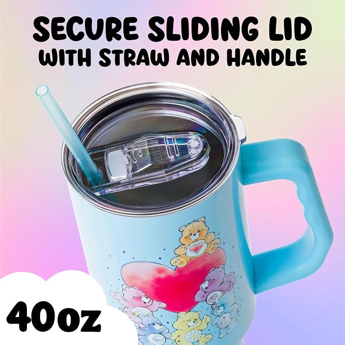Silver Buffalo Care Bears Watercolor Featuring Tenderheart, Cheer, Grumpy, Funshine, Bedtime, Share Bear Double Walled Stainless Steel Tumbler w Handle & Straw, Fits in Standard Cup Holder, 40 Ounces - Image 3