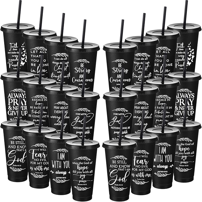 Havawish 36 Pcs Mothers Day Christian Tumbler Gift Bulk Religious Inspirational 24 oz Drinking Jesus Cup with Lid Straw Bible Verse Plastic Cup for Church Father Teacher First Communion (Black) by Havawish
