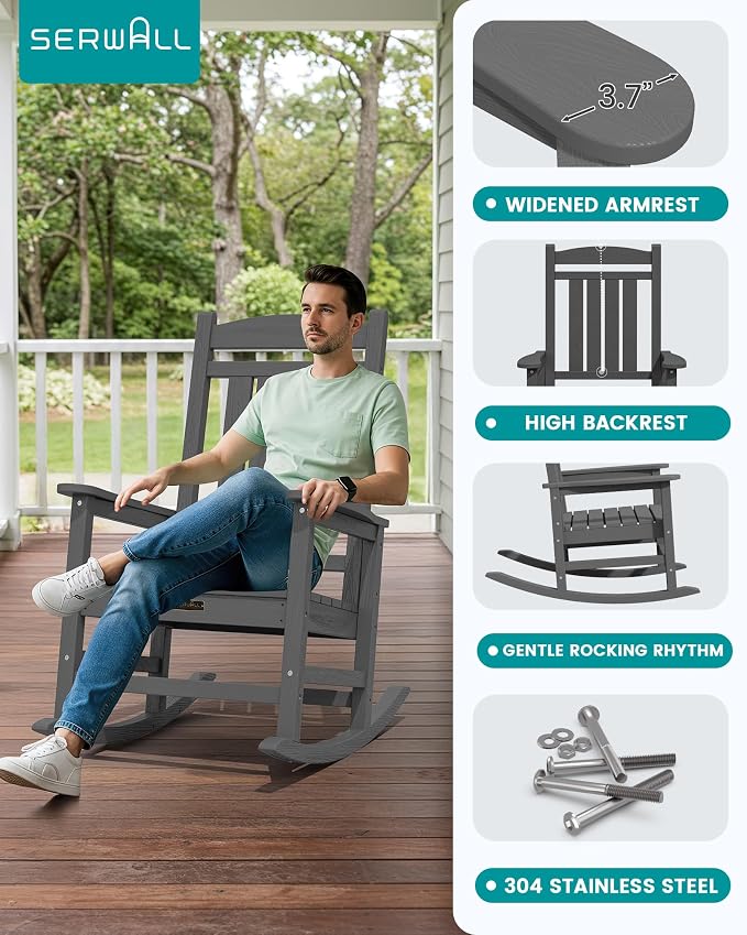 SERWALL Outdoor Rocking Chair, HDPE Patio Rocking Chair All-Weather Porch Rocker - Image 5
