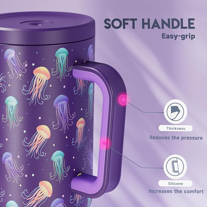 Meoky 40 oz Tumbler with Handle and Straw: Glow in the Dark Tumbler with Lid and Straw - Stainless Steel Insulated Tumbler for Car Cup Holders - Travelers Commuters Workers, Jellyfish - Image 6