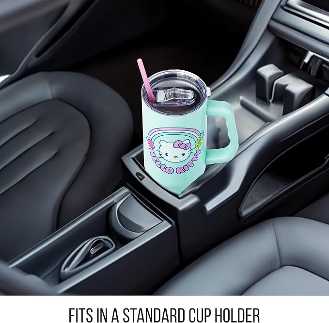 Silver Buffalo Sanrio Hello Kitty Kawaii Strawberry, Pineapple, and Rainbows Double Walled Stainless Steel Tumbler with Handle and Straw, Fits in Standard Cup Holder, 40 Ounces - Image 6