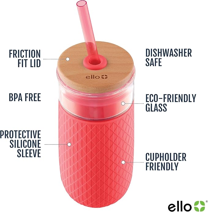 Ello Devon 18oz Glass Tumbler with Straw, Friction Fit Bamboo Wood Lid and Silicone Sleeve | Perfect for Iced Coffee, Tea, and Smoothies - Image 2