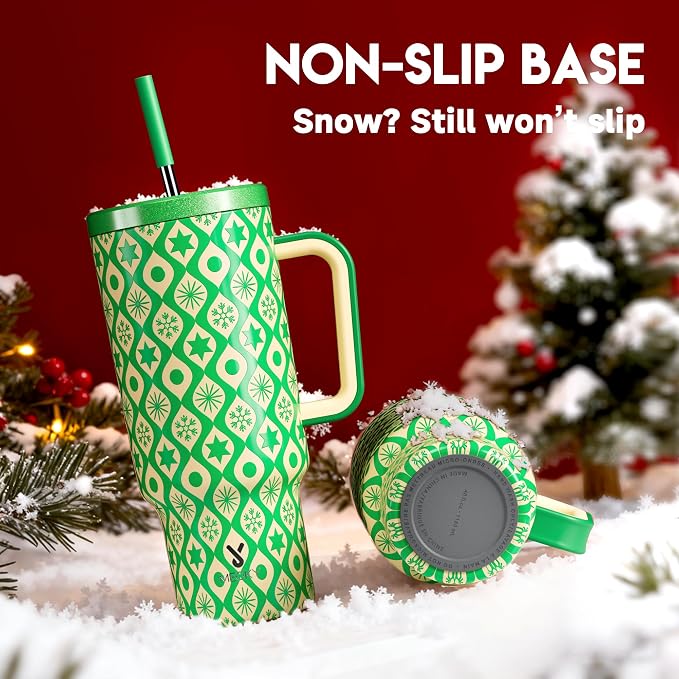 Meoky 40 oz Christmas Tumbler with Handle and Straw, Xmas Tumbler with Lid and Straw, Insulated Stainless Steel Travel Mug, Christmas Gifts for Women Men Adults (Emerald Cheer) - Image 4