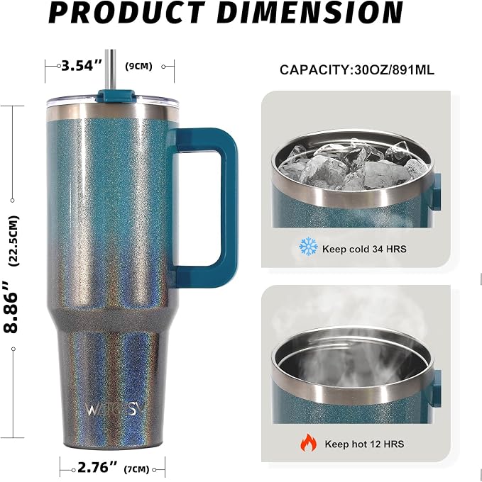 30 oz Shiny Tumbler with Handle and Straw,Stainless Steel Tumbler with Lid and Straw,Insulated Travel Mug(Cold for 34 Hours),Water Bottle for Iced Tea,Coffee (Black Blue) - Image 2