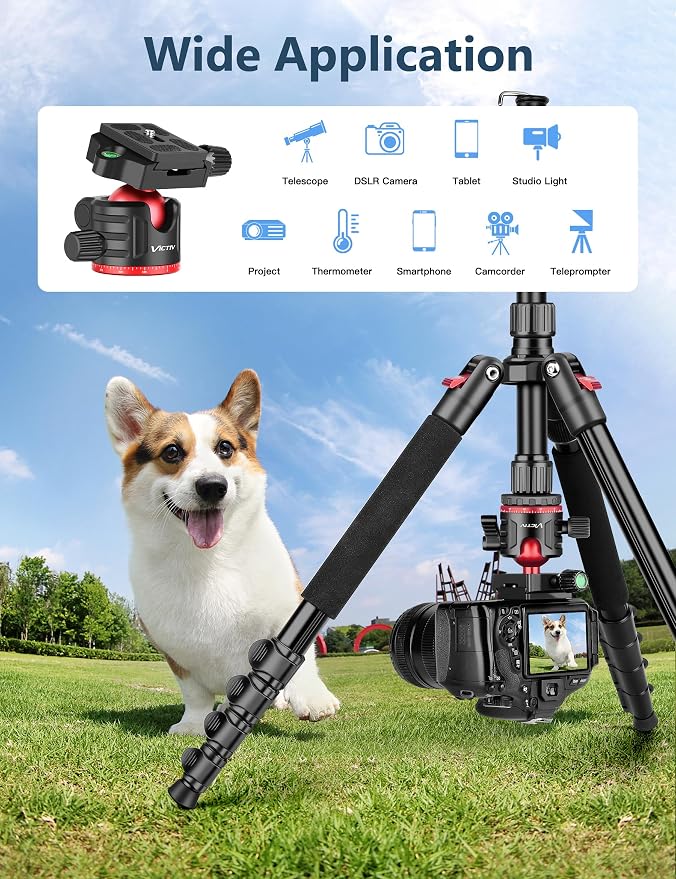 78" Porfessional Tripod for Camera, Victiv Aluminum Camera Tripod Monopod for - Image 3