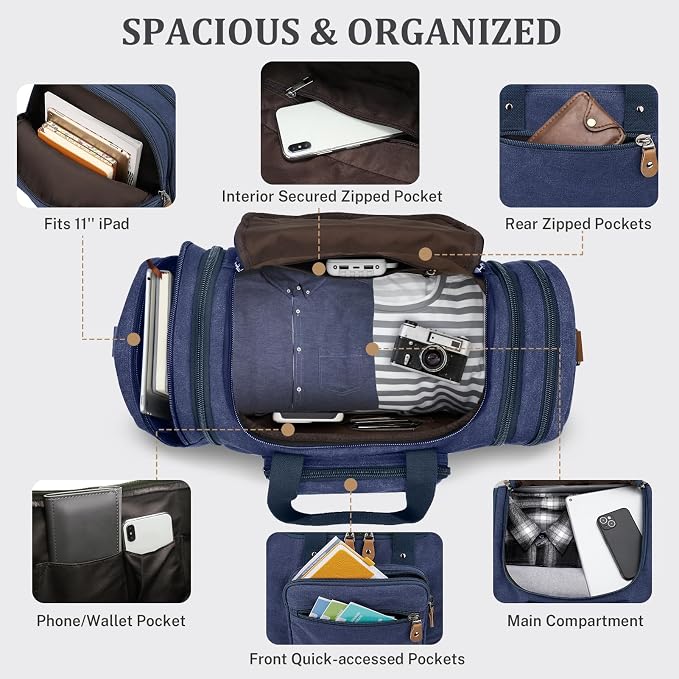 Gonex Canvas Duffle Bag for Travel 60L Expandable Duffel Weekend Overnight Bag - Image 4