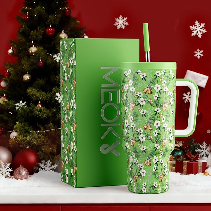 Meoky 40 oz Christmas Tumbler with Handle and Straw, Xmas Tumbler with Lid and Straw, Insulated Stainless Steel Travel Mug, Christmas Gifts for Women Men Adults (Jingle Bloom) - Image 6