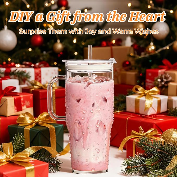 Birity 40OZ Borosilicate Glass Tumbler with Handle,Glass Cup with Lid and Straw-Reusable Iced Coffee Cup with Lid for Boba, Smoothies,Beer,Juice|Suitable for Gifts,Travel,Outdoor,Partys&Home - Image 6