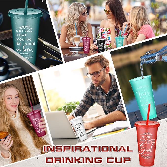 Havawish 24 Pcs Mothers Day Christian Tumbler Gift Bulk Religious Inspirational 24 oz Drinking Jesus Cup with Lid Straw Bible Verse Plastic Cup for Church Father Teacher First Communion (Joyous Color) - Image 5