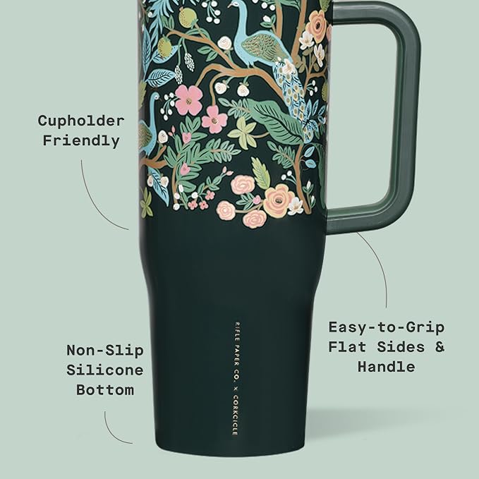Corkcicle x Rifle Paper Co. Cruiser Insulated Tumbler with Handle & Straw - Keeps Drinks Cold 20 Hours - BPA-Free - Gift for Mom - Great for Mother's Day or Christmas - 40 oz - Peacock Blue - Image 4