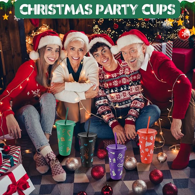 Honeydak 30 Pcs 24 oz Christmas Cups Gifts Bulk Christmas Tumbler with Straw and Lid Elk Xmas Reusable Plastic Coffee Cup Winter Water Bottle Iced Travel Mug for Holiday Party Birthdays - Image 5