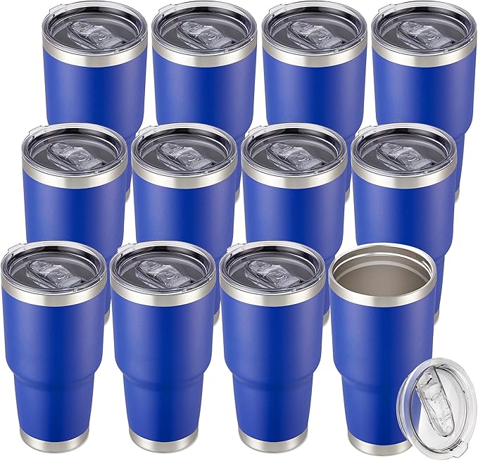 30 oz Tumbler with Lid Stainless Steel Tumblers Bulk Vacuum Insulated Cup Reusable Powder Coated Travel Mug Double Wall Leak Proof Cups Keep Cold Drinks for 12 Hours Blue, Set of 12 by CoolYoleb