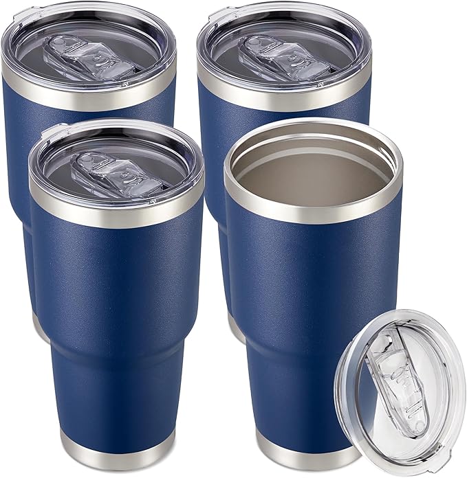 30 oz Tumbler with Lid Stainless Steel Tumblers Bulk Vacuum Insulated Cup Reusable Powder Coated Travel Mug Double Wall Leak Proof Cups Keep Cold Drinks for 12 Hours Navy, Set of 4 by CoolYoleb