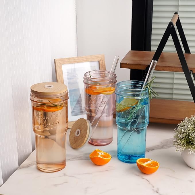 ANOTION Colored Glass Cups with Lids and Straws - 24oz Travel Coffee Mug Wide Mouth Mason Jar Iced Coffee Cup Smoothie Cup Glass Tumbler Tea Cup Clear Cute Water Cups Colorful Drinking Glasses - Image 5
