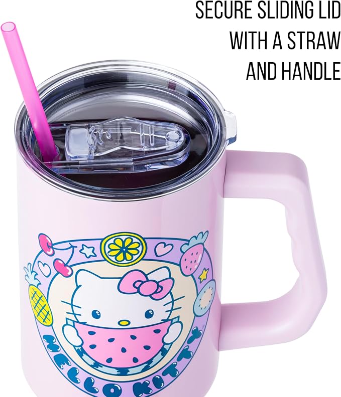 Silver Buffalo Sanrio Hello Kitty Summer Kawaii Fruits Double Walled Stainless Steel Tumbler with Handle, Fits in Standard Cup Holder, 40 Ounces - Image 2