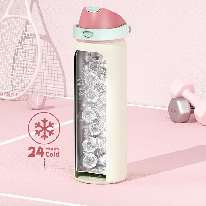 32 oz Insulated Water Bottle with Straw: Meoky Stainless Steel Metal Water Bottle with 2-in-1 Lid - Leak Proof, Cold for 24 Hours, Protective Silicone Base, BPA-Free for Sports Gym, Cream - Image 3