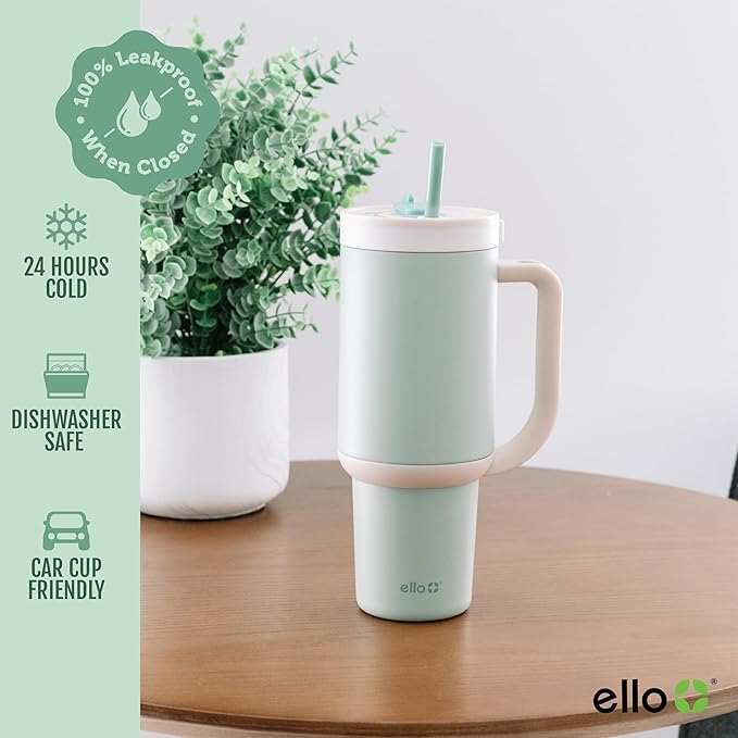 Ello Oasis 24 oz Tumbler with Handle & Retracting Straw | Reusable Insulated Stainless Steel Cup 100% Leakproof, Gifts for Teens Women Men | Keeps cold for 24 Hours, Cup Holder Friendly, Pistachio - Image 5
