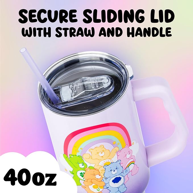 Silver Buffalo Care Bears Rainbow Featuring Funshine, Cheer, Grumpy, Friend, and Good Luck Bear Double Walled Stainless Steel Tumbler with Handle and Straw, Fits in Standard Cup Holder, 40 Ounces - Image 3