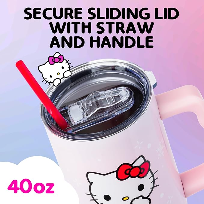 Silver Buffalo Sanrio Hello Kitty Christmas Holiday Dress and Matching Bow Snowflakes Double Walled Stainless Steel Tumbler with Handle and Straw, Fits in Standard Cup Holder, 40 Ounces - Image 3