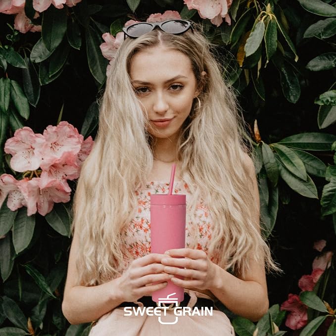 sweet grain Skinny Tumblers with Lids and Straws(6 Pack) - 16oz Matte Pastel Colored Skinny Acrylic Tumblers, Double Wall Plastic Tall Skinny Tumblers Bulk for Cold Hot Drinks - Pink - Image 2