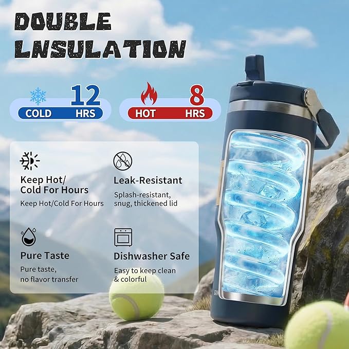 30oz Flip Straw Insulated Water Bottle with Handle, Leak Proof Stainless Steel Tumbler, Double Wall Vacuum Travel Coffee Mug for Cold Drinks, Gym Office Travel Essentials - Image 3