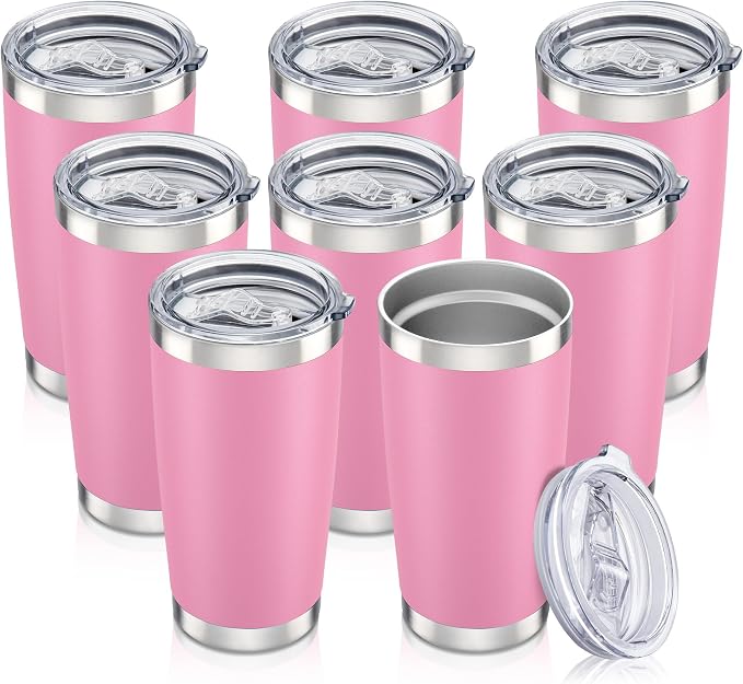 20 oz Tumbler with Lid Stainless Steel Insulated Tumblers Bulk Double Wall Vacuum Cups Powder Coated Travel Mug Keep Drink Cold and Hot, Pink, 8 Pack by Orebigo
